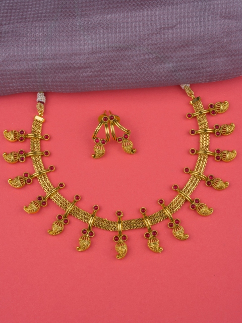 

Alankruthi Gold-Plated & Pink Stone-Studded Temple Jewellery Set