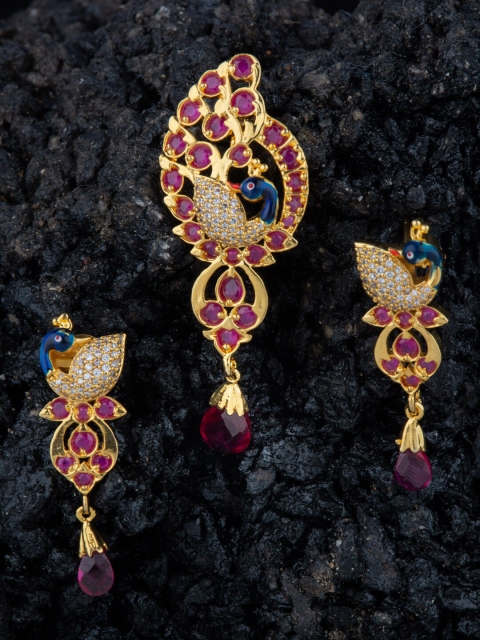 

Alankruthi Women Gold & Pink Ad Peacock Penadant Earrings Set