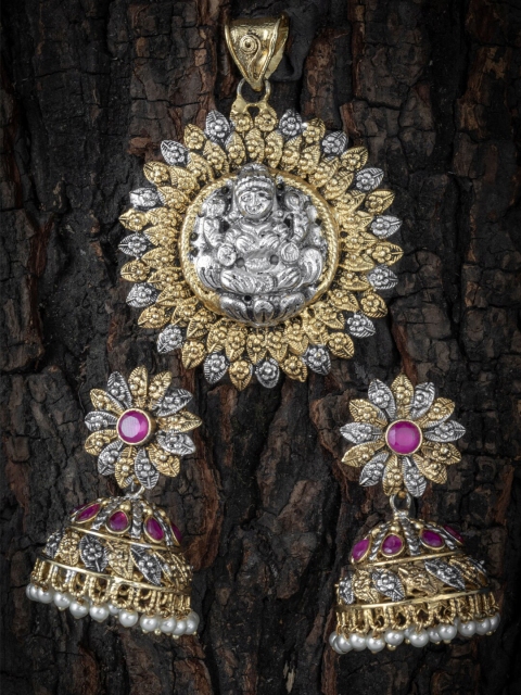 

Alankruthi Women Gold & Pink Antique Lakshmi Penadant Earrings Set