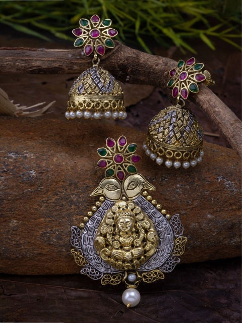 

Alankruthi Women Gold & Pink Antique Lakshmi Penadant Earrings Set
