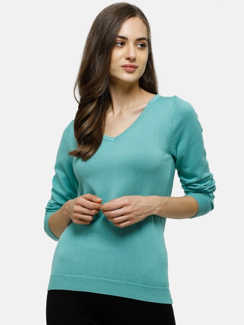 

98 Degree North Women Teal Solid Pure Cotton Pullover Sweater