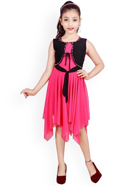 

SKY HEIGHTS Pink & Black Solid Net Fit & Flare Dress