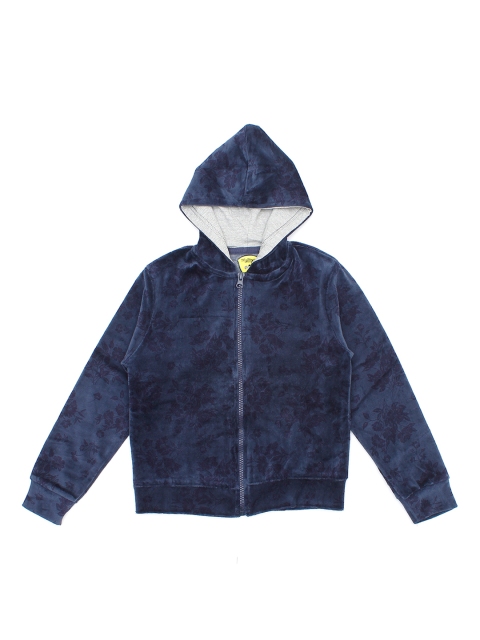 

Lil Lollipop Girls Navy Blue Floral Printed Front Open Hooded Sweatshirt
