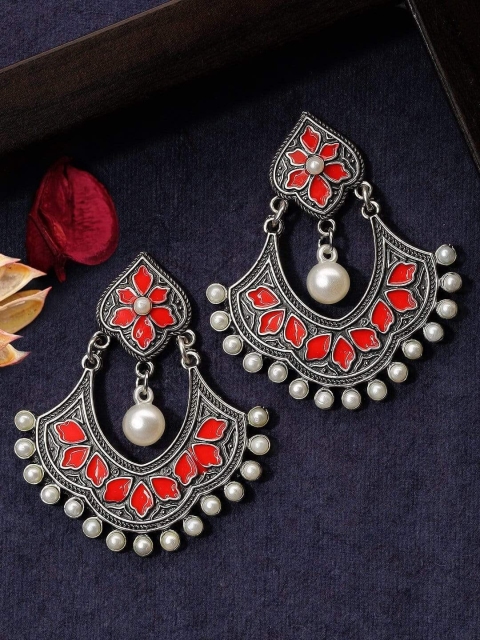 

Anouk Red & Silver-Plated Classic Enameled Drop Earrings