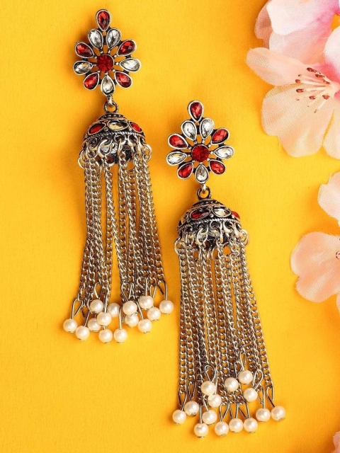 

Anouk Red & Silver-Plated Classic Leher Oxidised Jhumkas Earrings