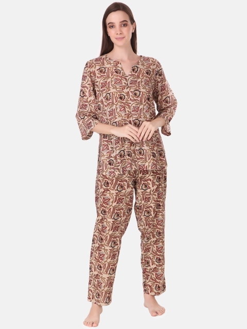 

Masha Women Beige & Maroon Pure Cotton Printed Night suit