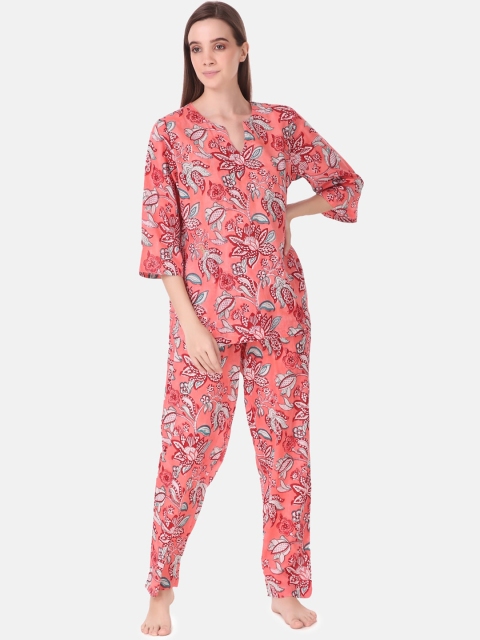 

Masha Women Peach-Coloured & Blue Pure Cotton Printed Night suit