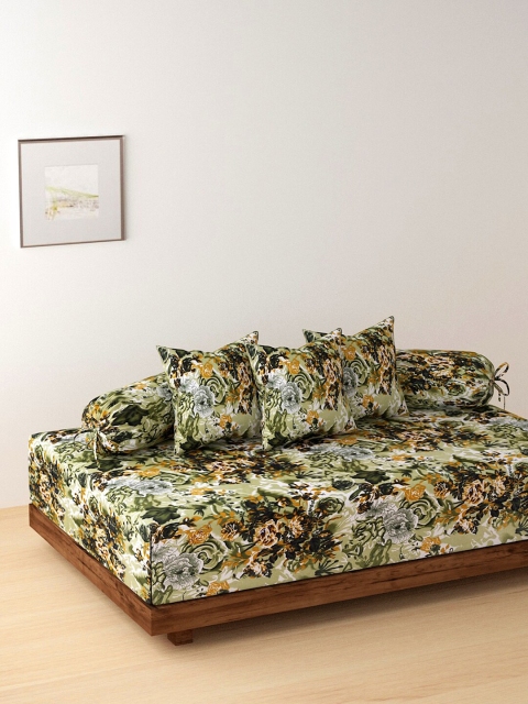 

NEUDIS Set Of 6 Green & Mustard Yellow Printed Diwan Set With Bolster & Cushion Covers