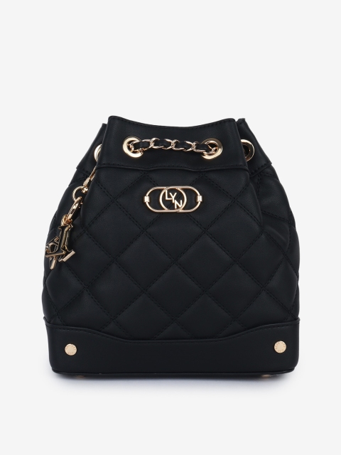 

LYN Black Textured PU Bucket Shoulder Bag with Quilted