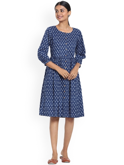 

Bewakoof Blue & White Floral Cotton Dress