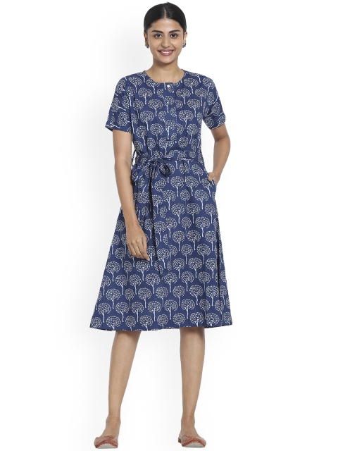 

Bewakoof Blue Cotton Floral A-Line Dress