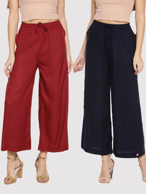 

TWIN BIRDS Pack-2 Women Maroon & Navy Blue Palazzos