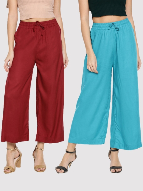 

TWIN BIRDS Pack-2 Women Maroon & Turquoise Blue Palazzos