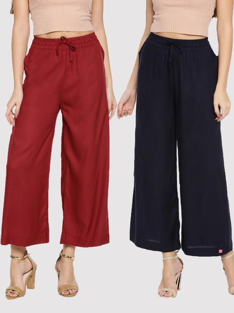 

TWIN BIRDS Pack-2 Women Maroon & Navy Blue Palazzos