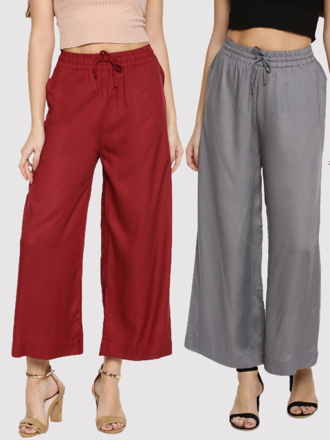 

TWIN BIRDS Pack-2 Women Maroon & Grey Palazzos