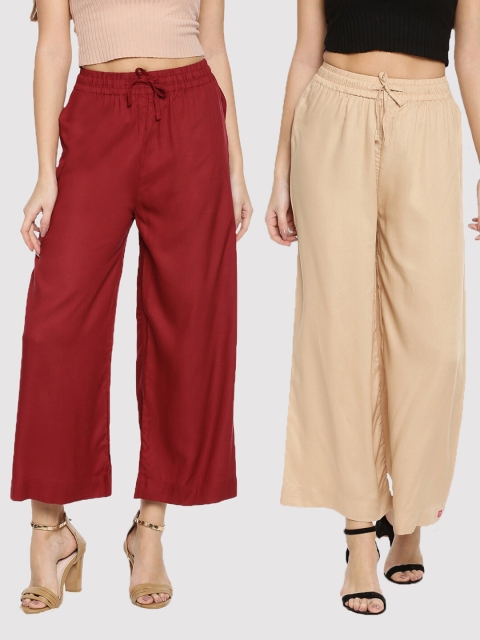 

TWIN BIRDS Pack-2 Women Maroon & Beige Palazzos