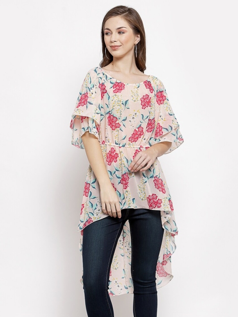 

Mafadeny Peach-Coloured Floral Chiffon High-Low Longline Top