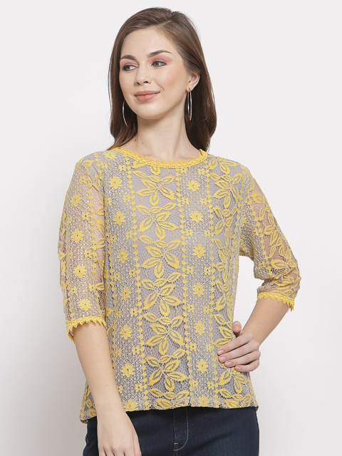 

Mafadeny Yellow & Grey Floral Regular Top