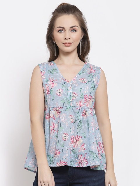 

Mafadeny Woman Blue Floral A-Line Top