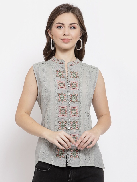 

Mafadeny Women Green Embroidered Mandarin Collar Top