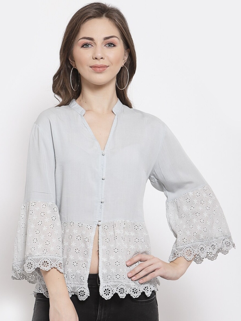 

Mafadeny Grey Mandarin Collar Regular Top