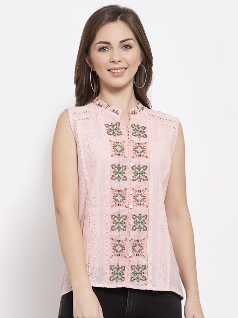 

Mafadeny Woman Peach-Coloured Floral Mandarin Collar High-Low Top