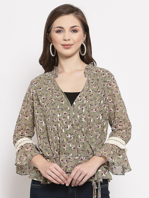 

Mafadeny Green Floral Wrap Top