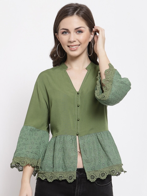 

Mafadeny Green Mandarin Collar Cinched Waist Top