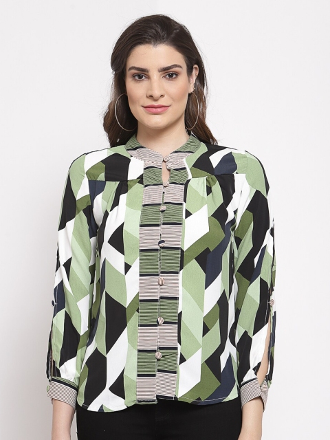 

Mafadeny Green & White Geometric Mandarin Collar Regular Top