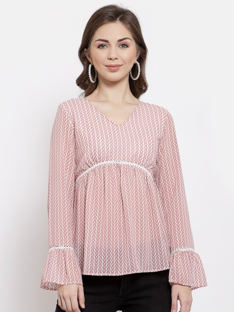

Mafadeny Pink & White Geometric Cinched Waist Top