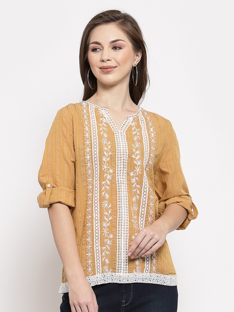 

Mafadeny Mustard Yellow Floral Embroidered Roll-Up Sleeves Regular Top