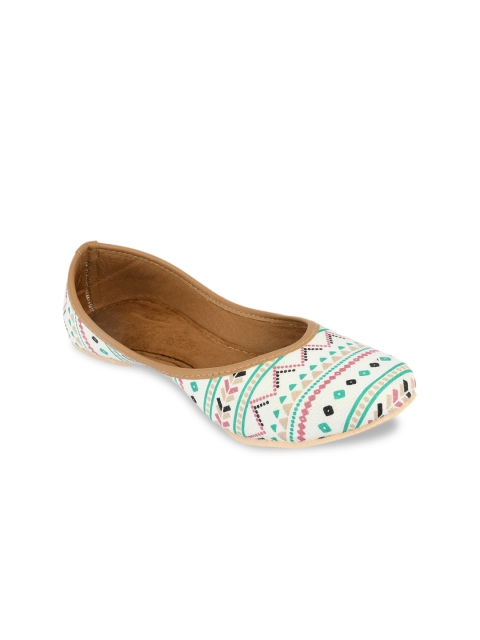 

DESI COLOUR Women Off White Printed Leather Ethnic Mojaris Flats