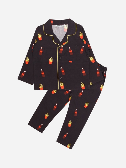 

SMUGGLERZ INC Girls Black & Yellow Printed Pure Cotton Night suit