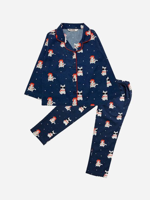 

SMUGGLERZ INC Boys Navy Blue & White Printed Pure Cotton Night suit