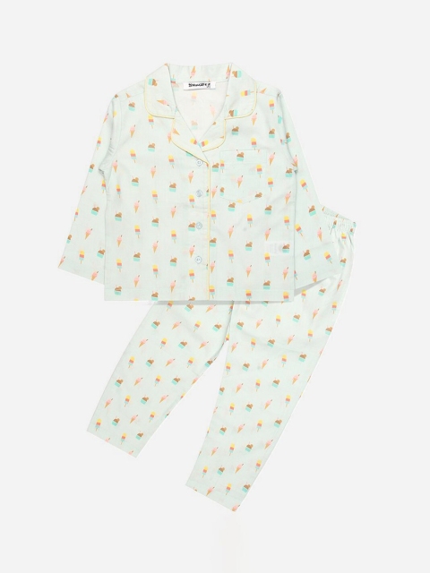 

SMUGGLERZ INC Girls Blue & Yellow Ice Cream Printed Pure Cotton Night suit