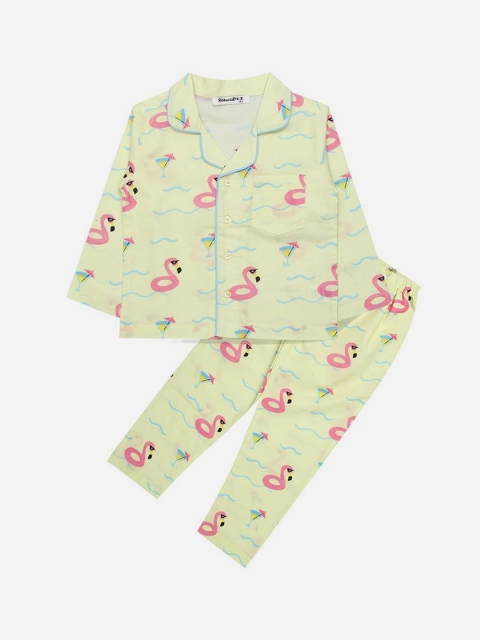 

SMUGGLERZ INC Girls Yellow & Pink Flamingo Printed Pure Cotton Night suit
