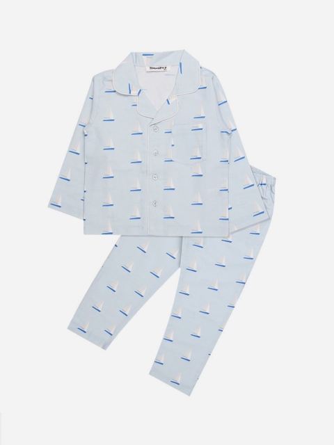 

SMUGGLERZ INC Girls Blue & White Sailboat Printed Pure Cotton Night suit