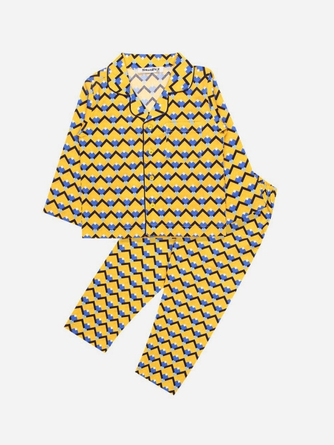 

SMUGGLERZ INC Boys Yellow & Blue Printed Pure Cotton Night suit