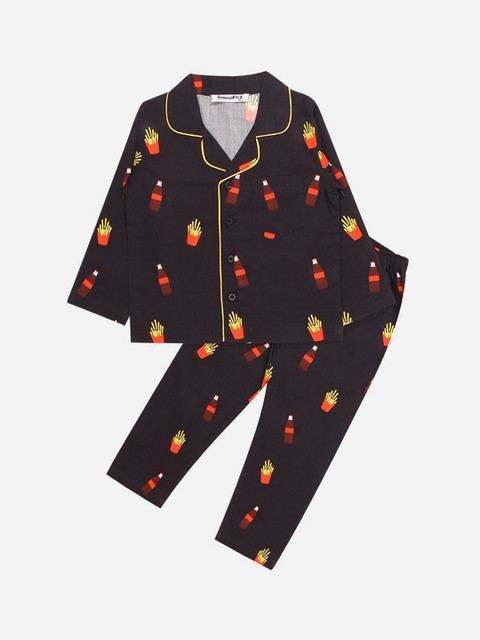 

SMUGGLERZ INC Boys Black & Red Cola & Fries Printed Pure Cotton Night suit