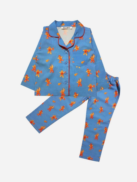 

SMUGGLERZ INC Girls Blue & Orange Printed Pure Cotton Night suit