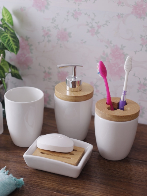 

House Of Accessories Set Of 4 White & Brown Solid Bathroom Accessories