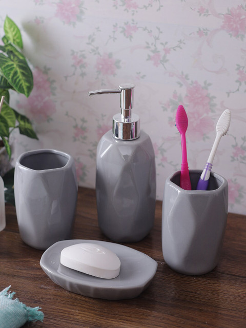 

House Of Accessories Set Of 4 Grey Solid Ceramic Bathroom Accessories