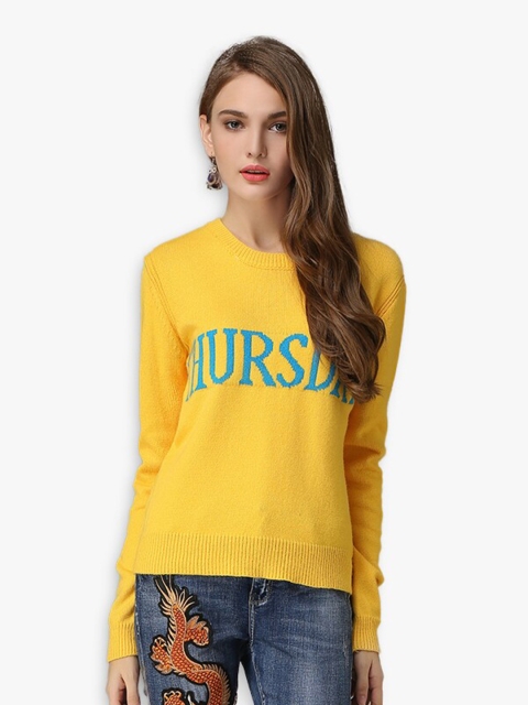 

JC Collection Women Yellow & Blue Typography Printed Sweater Vest