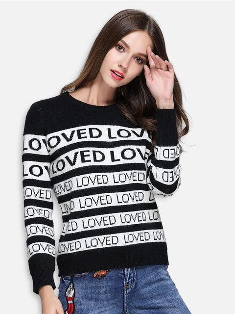 

JC Collection Women Black & White Typography Printed Pullover