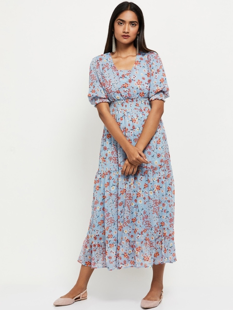 

max Blue & Orange Floral Printed Midi Empire Dress With Smocked Detailing