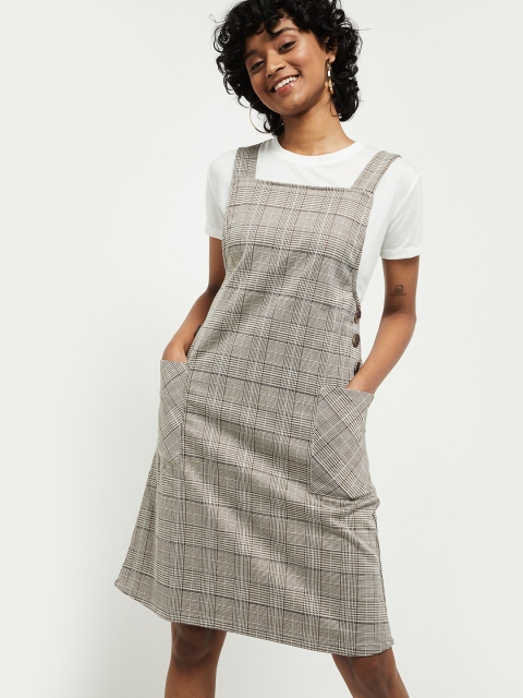 

max Women Beige & Black Checked Pinafore Dress