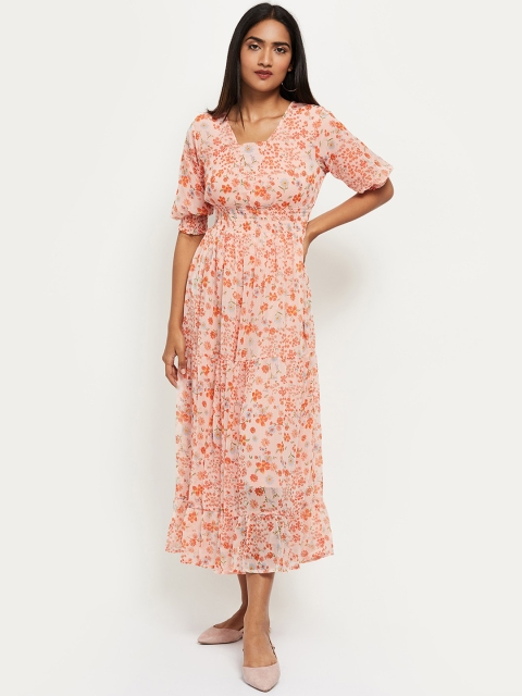 

max Pink & Orange Floral Printed Midi Empire Dress With Smocked Detailing