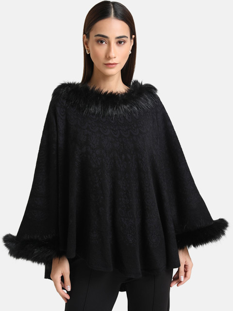 

Kazo Women Black Striped Acrylic Lightweight Cape Jacket with Embroidered