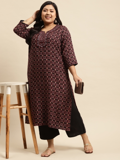 

RANGMAYEE Plus Size Women Red & Black Geometric Printed Thread Work Liva Kurta