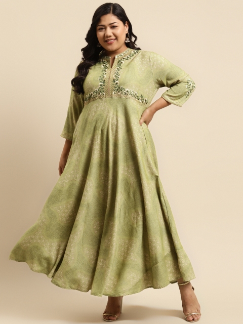 

RANGMAYEE Green & Beige Floral Embroidered Liva Ethnic Maxi Dress